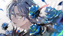  1boy bishounen black_gloves black_hair black_shirt blue_flower blue_hair blue_petals blue_rose blurry blurry_foreground collared_shirt ear_piercing earrings english_commentary falling_petals flower glasses gloves hand_on_own_chin hand_up hex_haywire highres jewelry koujisako looking_at_viewer male_focus multicolored_hair nijisanji nijisanji_en open_mouth parted_bangs parted_lips petals piercing portrait rose shirt short_hair smile solo streaked_hair virtual_youtuber white_background yellow_eyes 