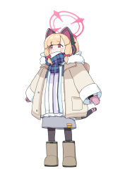  1girl absurdres adon_(dufaladanidu) alternate_costume animal_ear_headphones animal_ears artist_name black_socks blonde_hair blue_archive blue_scarf blunt_bangs blush boots brown_boots brown_coat coat fake_animal_ears fur-trimmed_coat fur-trimmed_sleeves fur_trim gloves grey_skirt hair_ribbon halo headphones highres layered_sleeves long_coat long_sleeves momoi_(blue_archive) pink_eyes pink_gloves red_halo red_ribbon ribbon scarf short_hair sidelocks skirt sleeves_past_wrists socks solo winter_clothes winter_coat 