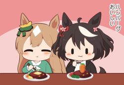  2girls :3 :t ^_^ animal_ears black_hair black_jacket blush brown_hair carrot chibi chibi_only chopsticks closed_eyes closed_mouth commentary_request curry ear_ribbon eating food gomashio_(goma_feet) green_shirt holding holding_chopsticks horse_ears horse_girl horse_tail jacket kitasan_black_(umamusume) long_hair long_sleeves multicolored_hair multiple_girls open_clothes open_jacket pink_background plate red_ribbon ribbon satono_diamond_(umamusume) shirt short_hair smile tail translation_request two-tone_hair umamusume upper_body white_hair white_shirt |_| 