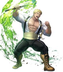  1boy abs attack axe blonde_hair fire fire_emblem fire_emblem:_three_houses fire_emblem_heroes flaming_weapon garreg_mach_monastery_uniform giant green_fire highres holding holding_axe muscular muscular_male non-web_source official_art open_clothes open_mouth open_shirt raphael_kirsten solo v-shaped_eyebrows weapon yellow_eyes 