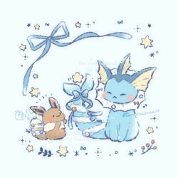  blue_background blush bow christmas_ornaments closed_eyes closed_mouth commentary_request eevee highres no_humans pokemon pokemon_(creature) ribbon sitting star_(symbol) tail tail_ornament temariame14 twitter_username vaporeon 