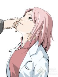  1boy 1girl boruto:_naruto_next_generations chara_no7 coat commentary_request facial_mark forehead_mark green_eyes haruno_sakura highres lab_coat looking_up medium_hair naruto_(series) pink_hair profile twitter_username uchiha_sasuke upper_body watermark white_coat 