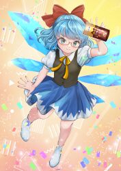  1girl bespectacled black_vest blue_bow blue_eyes blue_hair blue_skirt boots bow cirno closed_mouth collared_shirt commentary_request confetti detached_wings glasses hair_bow highres holding ice ice_wings kyabekko looking_at_viewer mcdonald's puffy_short_sleeves puffy_sleeves red-framed_eyewear shirt short_sleeves skirt smile solo touhou vest white_boots white_shirt wings 