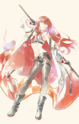  1girl alternate_costume black_boots black_gloves blue_eyes boots breasts bright_pupils closed_mouth coat commentary_request flag full_body gloves highres holding holding_flag jacket jacket_partially_removed long_hair makise_kurisu medium_breasts multicolored_coat navel racequeen red_coat red_hair revision rocni science_adventure solo standing steins;gate stomach two-sided_coat two-sided_fabric two-tone_coat white_coat white_pupils 