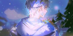  1boy bandage_on_cheek bandage_on_face bandages blue_eyes blue_hair blue_jacket casual daejeong-sik eyelashes from_behind holding holding_plant jacket looking_back male_focus messy_hair original parted_lips pine_tree plant potted_plant profile short_hair snowing solo tree 