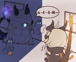  ahoge arknights bandaged_head bandages black_gloves black_jacket blue_eyes brown_hair character_request check_character chibi commentary dragon_girl dragon_horns dragon_tail english_commentary fire flame-tipped_tail ghost_costume gloves glowing glowing_eye hair_over_one_eye highres horns indoors jack-o'-lantern jacket keke_(aptxkeke) long_hair necrass_(arknights) purple_fire reed_(arknights) sleeves_past_fingers sleeves_past_wrists surprised tail translation_request very_long_hair window 