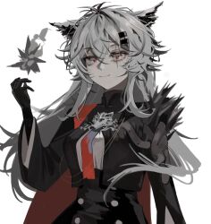  1girl absurdres aiguillette animal_ears arknights black_gloves black_jacket bolo_tie brown_cape cape chinese_commentary closed_mouth commentary_request crossed_bangs gloves grey_eyes grey_hair hair_between_eyes hair_ornament hairclip hand_up highres jacket lappland_(arknights) lappland_the_decadenza_(arknights) light_smile long_hair looking_at_viewer magic orange_pupils scar scar_across_eye scar_on_face solo upper_body wolf_ears wolf_girl zhishengji_qishi 