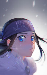  1girl ainu_clothes asirpa black_hair blue_eyes cape commentary_request earrings eyelashes foxvulpine fur-trimmed_cape fur_trim golden_kamuy headband jewelry long_hair looking_at_viewer parted_lips portrait purple_headband snowing solo upper_body 