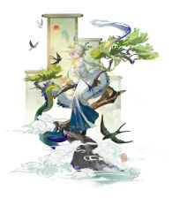  absurdres arknights bird colored_extremities commentary_request dragon_ears dragon_girl dragon_tail dress full_body gradient_hair highres in_tree light_smile long_hair looking_at_viewer ma_hou_shao_jiu multicolored_hair painting_(object) seal_impression shu_(arknights) shu_(bingwenyuyou)_(arknights) sitting sitting_in_tree skirt swallow_(bird) tail tree very_long_hair xiangyun yellow_skirt 