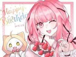  +_+ 1girl ahoge animal bare_shoulders birthday birthday_cake black_bow black_ribbon blunt_bangs bow bow_choker bowtie braid brown_eyes cake cat chinese_commentary choker cloak clothed_animal collarbone commentary_request dated dot_nose drooling ear_covers excited food fork frilled_shirt frilled_sleeves frills fruit hair_bow hair_intakes hair_ribbon happy happy_birthday highres holding holding_fork holding_plate hood hood_up hooded_cloak infinity_nikki laibeichengerzhi88424 light_blush long_hair long_sidelocks long_sleeves looking_at_viewer low_twin_braids momo_(nikki) nikki_(nikki) nikki_(series) off-shoulder_shirt off_shoulder one_eye_closed open_mouth outside_border perfect_start_(infinity_nikki) pink_bow pink_bowtie pink_choker pink_hair plate red_bow red_bowtie ribbon shirt sidelocks single_stripe smile sparkling_eyes strawberry striped_bow striped_bowtie striped_choker striped_clothes teeth traditional_bowtie tress_ribbon twin_braids upper_body upper_teeth_only very_long_hair whiskers white_background white_cat white_shirt yellow_cloak 