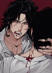  2boys absurdres bikoyaki black_hair blood blood_from_mouth blood_on_chest blood_on_clothes blood_on_neck blush collarbone collared_shirt commentary curtained_hair ear_blush english_commentary fangs fangs_out fingernails half-closed_eyes hand_on_another's_neck head_tilt highres implied_yaoi long_fingernails long_hair looking_at_viewer luo_binghe male_focus monochrome multiple_boys open_mouth parted_bangs pectoral_cleavage pectorals red_background red_eyes renzha_fanpai_zijiu_xitong saliva sharp_fingernails shen_yuan shirt short_hair teeth thick_eyebrows v-shaped_eyebrows vampire watermark white_shirt wolf_cut 