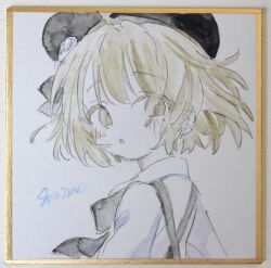  1girl absurdres beret black_bow black_hat blush bow brown_eyes brown_hair collared_shirt commentary_request flower hair_flower hair_ornament hat hatoba_tsugu highres parted_lips photo_(medium) sha2mo shikishi shirt signature solo suspenders traditional_media tsugu_(vtuber) virtual_youtuber white_flower white_shirt 