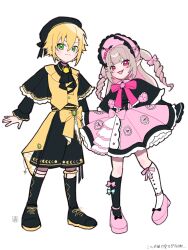  1boy 1girl :3 ankle_strap argyle_clothes argyle_socks ascot asymmetrical_legwear black_ascot black_bow black_capelet black_hat black_ribbon black_shirt black_shoes black_shorts black_sleeves black_socks blonde_hair blue_bow blunt_bangs blush bonnet bow bow_legwear brooch buttons capelet chinstrap closed_mouth collared_shirt colored_inner_hair dress drill_hair fang flipped_hair footwear_bow frilled_bonnet frilled_capelet frilled_dress frilled_sleeves frills full_body green_eyes grey_hair hair_between_eyes hair_intakes hair_ornament hair_ribbon hairpin hat heart highres jewelry kimukimu_1122 long_hair long_sleeves looking_at_viewer magical_boy magical_girl makaino_ririmu mismatched_legwear multicolored_hair neck_ribbon nijisanji official_alternate_costume official_alternate_hairstyle open_mouth petticoat pink_bow pink_dress pink_hair pink_ribbon pink_shoes pink_streaks platform_shoes pointy_ears puffy_long_sleeves puffy_sleeves red_eyes red_ribbon ribbon shirt shoelaces shoes short_hair shorts sidelocks signature simple_background smile socks standing streaked_hair two-tone_hair two_side_up uzuki_kou vest virtual_youtuber waist_ribbon white_background white_socks winged_heart x_hair_ornament yellow_ribbon yellow_vest 