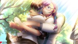  1boy 1girl atelier-moo blue_headband blue_ribbon blurry blurry_background blush braid breasts brown_hair brown_sailor_collar brown_skirt cheryl_christia closed_mouth dutch_angle embarrassed faceless faceless_male from_below game_cg glasses grey_eyes hair_ribbon headband house hug hug_from_behind long_hair long_sleeves medium_breasts miniskirt neckerchief official_art outdoors pleated_skirt purple_hair ribbon sailor_collar second-party_source shirt short_hair short_sleeves sidelocks skirt standing striped_clothes surprised tree vertical-striped_clothes white_shirt wide-eyed yuukyuu_gensoukyoku yuukyuu_gensoukyoku_revival 
