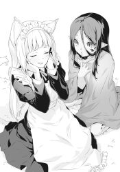  2girls animal_ear_fluff animal_ears apron blunt_bangs cloak closed_eyes dragon_girl dress dungeon_ni_deai_wo_motomeru_no_wa_machigatteiru_darou_ka finger_to_mouth fingernails fox_ears fox_girl fox_tail greyscale hair_between_eyes hands_on_own_cheeks hands_on_own_face hands_up highres long_hair long_sleeves looking_at_another maid maid_apron maid_headdress monochrome monster_girl multiple_girls nilitsu novel_illustration official_art on_grass parted_lips pointy_ears sanjouno_haruhime scales sharp_fingernails sidelocks sitting smile tail third-party_source wariza wiene 
