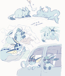  blue_eyes car closed_eyes closed_mouth commentary_request dated glaceon highres looking_at_viewer lying motor_vehicle poke_toy pokemon pokemon_(creature) shirt sitting smile sunglasses vaporeon yurano_(upao) 