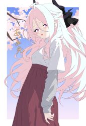  1girl absurdres ahoge blue_archive blush breasts commentary_request demon_girl demon_horns highres hina_(blue_archive) horns k41to long_hair long_skirt looking_at_viewer open_mouth skirt small_breasts solo tree violet_eyes white_hair 