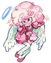  1girl angel angel_wings arm_behind_head bloomers blue_halo collarbone colored_skin commentary crop_top deformed diamond-shaped_pupils diamond_(shape) elbow_gloves english_commentary feathered_wings flats gem_(steven_universe) gloves hair_ribbon halftone halftone_background halo hand_on_own_cheek hand_on_own_face highres looking_up midriff pantyhose pink_bloomers pink_diamond_(steven_universe) pink_eyes pink_gloves pink_hair pink_shoes pom_pom_(clothes) puffy_hair puffy_sleeves ribbon shoes short_hair simple_background smile solo sparkle steven_universe stomach_jewel sunnyirry symbol-shaped_pupils white_pantyhose white_wings wings 