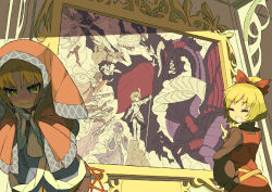  =_= armor belt black_shirt black_skirt black_sleeves blonde_hair blush bow breastplate brown_belt brown_hair brown_sandals character_request commentary_request couter cross-laced_armwear cuirass cuisses curtained_hair dot_nose dragon dress faulds full_armor gauntlets gladiator_sandals greaves green_eyes hair_ornament half_updo harp headscarf helmet holding holding_harp holding_shield horse instrument itsumo_nokoru kurodani_yamame long_sleeves mizuhashi_parsee parted_bangs pauldrons perspective picture_frame pinafore_dress plate_armor pleated_skirt poleyn pom_pom_(clothes) pom_pom_hair_ornament purple_hair purple_robe purple_sleeves red_bow red_dress red_eyes red_headscarf rerebrace robe sabaton sandals shameimaru_aya sharp_teeth shield shirt shoulder_armor skirt sleeveless sleeveless_dress sword_world sword_world_2.0 tears teeth touhou valkyrie vambraces warm_colored western_dragon white_wings winged_helmet wings 