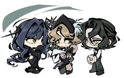  1boy 2girls arcana_(reverse:1999) ascot black_dress black_flower black_gloves black_hair black_hat black_pants black_rose black_shoes black_vest blonde_hair blue_hair bouquet chibi clothing_cutout commentary_request dress druvis_iii flower forget_me_not_(reverse:1999) glasses gloves green_eyes hat highres hip_vent holding holding_bouquet interlocked_fingers korean_commentary long_dress long_hair mistletoe multiple_girls neck_flower own_hands_together pants reverse:1999 rose shirt shoes short_hair standing unhyang very_long_hair vest wand_in_head white_ascot white_background white_shirt yellow_eyes 