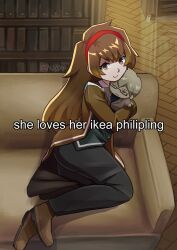  1girl black_pants bookshelf brown_eyes brown_hair brown_jacket brown_shoes character_doll closed_mouth doll hairband highres indoors jacket library library_of_ruina long_hair looking_at_viewer malkuth_(project_moon) pants philip_(project_moon) project_moon red_hairband shoes smile tako0mari wooden_floor 