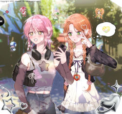  6+girls bag blue_hair braid braided_twintails chocolat_meilleure commentary_request dia_(shugo_chara!) dress green_eyes guardian_chara handbag headphones heart heart_pendant highres hinamori_amu holding holding_phone knn_nabi korean_commentary miki_(shugo_chara!) multiple_girls orange_hair outdoors phone pink_hair ran_(shugo_chara!) satchel shirt shugo_chara! sidelocks sleeveless sleeveless_shirt speech_bubble sugar_sugar_rune suu_(shugo_chara!) thought_bubble twintails v visor_cap yellow_eyes 