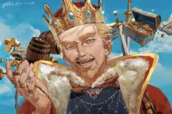  1boy askeladd barrel beard blonde_hair blue_eyes blue_sky cape clouds commentary connected_beard crown facial_hair highres jewelry jing_wen looking_at_viewer male_focus mature_male necklace open_mouth outdoors ring short_hair sky smile solo sword treasure_chest uneven_eyes upper_body vinland_saga weapon 