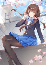  1girl absurdres black_pantyhose brown_hair cherry_blossoms chitose-kun_wa_ramune_bin_no_naka green_hair hair_ornament hair_scrunchie highres kyou_shuka original pantyhose school_uniform scrunchie sitting skirt uchida_yua 