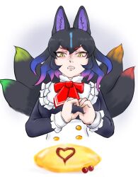  1girl alternate_costume animal_ears apron black_dress black_hair blue_hair bow bowtie clenched_teeth dress enmaided food fox_ears fox_girl fox_tail frilled_cuffs gradient_hair hair_between_eyes heart heart_hands high_collar highres kemono_friends kemono_friends_3 kyubikori_(kemono_friends) long_sleeves maid maid_apron multicolored_hair multiple_tails omelet omurice purple_hair red_bow red_bowtie saja_(166j357) sidelocks slit_pupils solo tail teeth upper_body white_apron yellow_eyes 