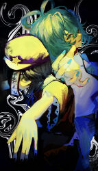  2girls abstract_background absurdres back-to-back black_background black_eyes black_hair black_nails blue_dress blue_eyes blue_hair blue_nails blue_ribbon commentary_request dress fingernails hair_ornament hair_over_one_eye hair_rings hair_stick hat hat_ornament highres jiangshi kaku_seiga lace-trimmed_sleeves lace_trim looking_at_viewer miyako_yoshika multiple_girls neck_ribbon newsboy_cap ofuda ofuda_over_one_eye open_mouth outstretched_arms purple_hat red_shirt ribbon sfnnezl_0u0 shirt short_hair short_sleeves smile star_(symbol) star_hat_ornament touhou upper_body vest white_vest zombie_pose 