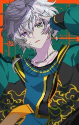  1boy absurdres ahoge bishounen black_jacket blue_sweater braid chain chain_necklace commentary_request earrings glint green_eyes green_jacket grey_hair hair_between_eyes hand_up heterochromia highres jacket jewelry koujisako long_sleeves looking_at_viewer male_focus multicolored_jacket murakumo_kagetsu necklace nijisanji parted_lips print_jacket short_hair side_braid single_braid sleeves_past_wrists smile solo sweater twitter_username upper_body violet_eyes virtual_youtuber white_hair 
