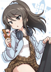  1girl alternate_costume alternate_hairstyle blue_hoodie blue_scrunchie brown_eyes brown_hair brown_necktie brown_skirt commentary drawstring dress_shirt ehirorotoon food girls_und_panzer hair_ornament hair_scrunchie hair_up headphones headphones_around_neck highres holding holding_food hood hood_down hoodie ice_cream_cone long_hair long_sleeves looking_at_viewer mika_(girls_und_panzer) miniskirt necktie no_headwear open_clothes open_hoodie open_mouth plaid_clothes plaid_necktie plaid_skirt pleated_skirt ponytail school_uniform scrunchie shirt sitting skirt solo white_shirt wing_collar 