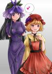  2girls aki_minoriko apron black_gloves black_hair blonde_hair dress elbow_gloves flower flower_on_head gloves grape_hat_ornament grape_print hat height_difference highres kyabekko looking_at_another looking_down looking_to_the_side mob_cap multiple_girls orchid plant_print purple_dress red_apron red_headwear shirt smile touhou violet_eyes yellow_shirt yomotsu_hisami yuri 