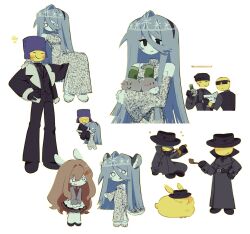  2girls 4boys air_zizon android black_eyes black_hairband black_hat black_jacket black_necktie black_pants black_skirt black_vest blue_hair blue_hat brown_hair closed_mouth commentary_request eunoia_(frozen_soul) fedora frozen_soul hairband hat highres jacket korean_commentary lapels leopa_(frozen_soul) long_hair mafioso_(frozen_soul) multiple_boys multiple_girls necktie notched_lapels pants rabbit_girl ringed_eyes roblox seams simple_background skirt smile snow_leopard_ears snow_leopard_girl snow_leopard_tail tiara ushanka very_long_hair vest white_background 