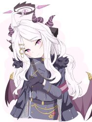  1girl absurdres ahoge armband belt black_belt black_coat black_gloves black_halo blue_archive blush breasts coat coat_on_shoulders demon_girl demon_horns demon_wings gloves halo highres hina_(blue_archive) horns long_hair looking_at_viewer low_wings maguroyukke111 red_armband simple_background small_breasts solo very_long_hair violet_eyes white_hair wings 