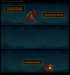  1girl anger_vein arm_cannon armor artist_name assault_visor commentary english_commentary from_side highres max_kay metroid metroid_prime_1 morph_ball normal_suit_(metroid) power_armor power_suit_(metroid) red_armor running samus_aran speech_bubble two-tone_armor weapon 