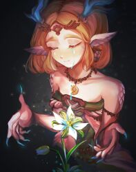  1girl armlet bare_shoulders blonde_hair blue_nails breasts circlet claws closed_eyes closed_mouth commentary dragon_ears dragon_girl dragon_horns dress earrings english_commentary fingernails highres horns jewelry light_dragon_(zelda) light_smile long_fingernails magatama magatama_necklace medium_breasts necklace parted_bangs pendant_choker princess_zelda scales short_hair sidelocks silent_princess solo strapless strapless_dress teardrop_facial_mark the_legend_of_zelda the_legend_of_zelda:_tears_of_the_kingdom thick_eyebrows tica_tiforzelda transformation upper_body 