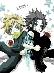  105910 2boys apple back-to-back black_boots black_hair black_pants black_sweater blonde_hair blue_eyes blue_pants blue_shirt boots cloud_strife commentary_request covered_mouth crisis_core:_final_fantasy_vii deformed final_fantasy final_fantasy_vii food fruit green_scarf grin hand_up holding holding_food holding_fruit knee_boots knee_up locked_arms looking_at_viewer male_focus multiple_boys no_armor pants parted_bangs scarf shinra_infantry_uniform shirt short_hair sitting sleeveless sleeveless_sweater smile spiky_hair star_(symbol) sweater translated turtleneck turtleneck_sweater v white_background zack_fair 