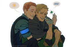  2boys armband black_sclera blonde_hair blood blue_armband blue_blood burn_scar cloak clover colored_sclera damaged damaged_skin detroit:_become_human hashtag-only_commentary highres hug hug_from_behind jerry_(detroit) male_focus multiple_boys orange_hair ralph_(detroit) scar scar_on_face sitting spoken_blush spoken_sun teppn_(gattobamboom) torn_clothes vest 