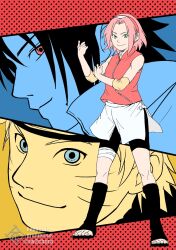  1girl 2boys bike_shorts black_shorts blue_eyes boots chara_no7 commentary_request facial_mark forehead_protector green_eyes hairband haruno_sakura headband highres knee_boots multiple_boys naruto_(series) naruto_shippuuden open-toe_boots pink_hair red_eyes red_hairband shorts sleeveless sleeveless_jacket twitter_username uchiha_sasuke uzumaki_naruto watermark whisker_markings 