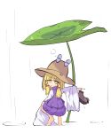  1girl barefoot blonde_hair blunt_bangs blunt_ends blush boots closed_mouth from_behind green_eyes green_headwear hat highres holding holding_boots holding_clothes holding_footwear kneeling lily_pad medium_hair moriya_suwako one-hour_drawing_challenge primsla purple_skirt purple_vest rain shirt sidelocks simple_background skirt sleeves_past_fingers sleeves_past_wrists solo touhou unworn_boots vest white_background white_shirt wide_sleeves 