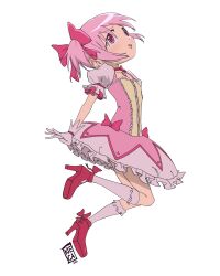  1girl artist_logo bow collarbone commentary dress dress_bow english_commentary from_side full_body gloves high_heels highres kaname_madoka kaname_madoka_(magical_girl) kiecaburn kneehighs logo looking_up magical_girl mahou_shoujo_madoka_magica mahou_shoujo_madoka_magica_(anime) open_mouth pink_dress pink_eyes pink_hair puffy_short_sleeves puffy_sleeves red_shoes shoes short_sleeves short_twintails socks solo soul_gem twintails white_gloves white_socks 