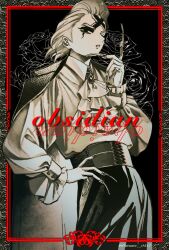  1boy ascot black_border border brooch cape coat coat_on_shoulders collared_shirt commentary_request cowboy_shot dr._stone facial_mark fingernails flower frills hair_slicked_back half_mask hand_on_own_hip hand_up highres holding inset_border jacket jacket_on_shoulders jewelry limited_palette long_fingernails long_sleeves looking_at_viewer male_focus mask monochrome omame_0517 ornate_border outside_border pants parted_lips puffy_long_sleeves puffy_sleeves red_border rose sharp_fingernails shirt shirt_tucked_in short_hair solo spot_color twitter_username white_ascot xeno_(dr.stone) 