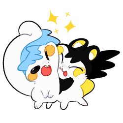  :3 ^_^ animal_focus black_eyes blush_stickers buck_teeth cheek-to-cheek closed_eyes commentary emolga foreigner_(pixiv_119387446) full_body happy head_tilt heads_together highres looking_at_viewer no_humans one_eye_closed open_mouth pachirisu pokemon pokemon_(creature) simple_background smile sparkle standing teeth trait_connection white_background 