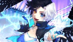  1girl :d animification black_gloves black_hair black_jacket blue_eyes blue_eyeshadow blue_nails blue_shirt bright_pupils brown_eyes character_logo choker commentary_request cryokinesis eyeshadow fingerless_gloves gloves glowstick heart heterochromia highres jacket looking_at_viewer luna_snow makeup marvel marvel_rivals milord_jz multicolored_hair multicolored_shirt open_mouth penlight_(glowstick) shirt short_hair single_fingerless_glove single_glove smile snowflake_choker solo split-color_hair stage upper_body white_hair white_pupils white_shirt 