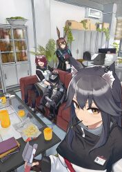  1other 3girls absurdres amiya_(arknights) animal_ear_fluff animal_ears arknights black_gloves black_hair black_jacket black_pantyhose blue_eyes brown_hair chips_(food) closed_eyes closed_mouth commentary_request doctor_(arknights) exusiai_(arknights) fingerless_gloves food gloves gobii hair_between_eyes hair_over_one_eye halo highres holding hood hood_up hooded_jacket indoors jacket jewelry long_hair long_sleeves looking_at_viewer multiple_girls office open_clothes open_mouth pantyhose ponytail rabbit_ears rabbit_girl red_hair shirt short_hair sitting skirt smile texas_(arknights) traditional_halo white_shirt wolf_ears yellow_eyes 