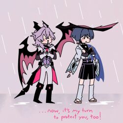  2boys :< aracanthus38633 armor artist_name belt black_belt black_bodysuit black_boots black_horns black_shorts black_tail blue_cape blue_kimono blunt_ends blush bodysuit boots bow bridal_gauntlets brown_sandals cape closed_eyes closed_mouth coat coattails crossed_bangs dragon_boy dragon_horns dragon_tail dragon_wings english_text facial_mark facing_to_the_side feathers forehead_mark furisode genshin_impact gloves gold grey_bridal_gauntlets grey_coat grey_hair hair_between_eyes heart heart_facial_mark horns japanese_armor japanese_clothes juban kimono kote kurokote leg_warmers looking_at_another mini_durin_(genshin_impact) mini_durin_(human)_(genshin_impact) multiple_boys open_clothes open_coat open_kimono open_mouth outdoors pants pink_background pom_pom_(clothes) purple_bow purple_hair purple_sash purple_vest rain red_coat red_wings sandals sash scaramouche_(genshin_impact) shorts tail two-sided_coat two-sided_fabric vest wanderer_(genshin_impact) white_gloves white_kimono white_leg_warmers white_mouth white_pants white_sleeves wing_umbrella wings yellow_feathers 