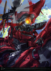  absurdres battle beam_cannon cable calendar_(medium) damaged debris dirty drone energy firing flying glowing gundam gundam_unicorn highres machinery mecha mecha_focus mobile_armor muzzle_flash neo_zeon no_humans realistic robot scan science_fiction shamblo teraoka_iwao traditional_media 