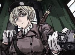  1girl aiming ascot axis_powers_hetalia belt beret black_belt black_hat blonde_hair blue_eyes breasts brown_coat buttons closed_mouth coat day gloves gun hair_between_eyes hair_ornament handgun hands_up hat highres holding holding_gun holding_weapon indoors jacket kiguchi05 lapels large_breasts long_sleeves looking_at_viewer military military_hat military_jacket military_uniform rifle shirt short_hair sky smile sniper_rifle solo ukraine_(hetalia) upper_body weapon weapon_on_back white_ascot white_gloves white_shirt white_sky window x_hair_ornament 