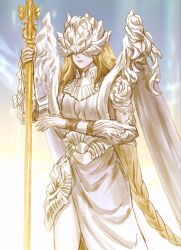  1girl armlet armor blonde_hair braid clothing_cutout commentary covered_eyes cowboy_shot elden_ring elden_ring_nightreign english_commentary helmet helmet_over_eyes highres hip_armor holding holding_polearm holding_weapon in-universe_location jewelry long_braid long_hair navel navel_cutout ornate_armor outdoors polearm rashuu rope_braid side_slit single_braid skirt solo spear weapon weapon_bequeathed_harmonia_(elden_ring) white_skirt 